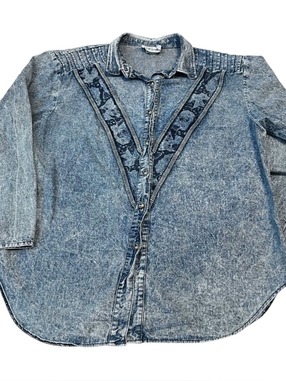 Vintage Acid‎ Wash Chambray Pleated Statement Shirt Geometric USA Made Size 16